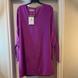 Belongsci Purple Midi Shift Dress with 3/4 Tie Sleeves